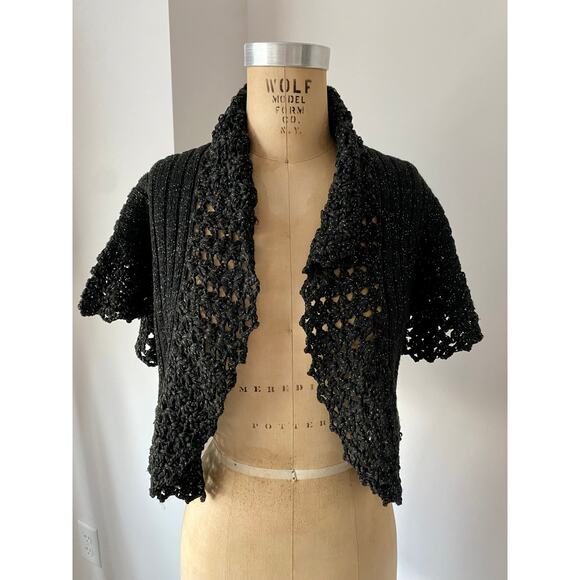 NYGARD COLLECTION Knit Short Sleeve Shrug in Black with Metallic Thread size S - Picture 1 of 8